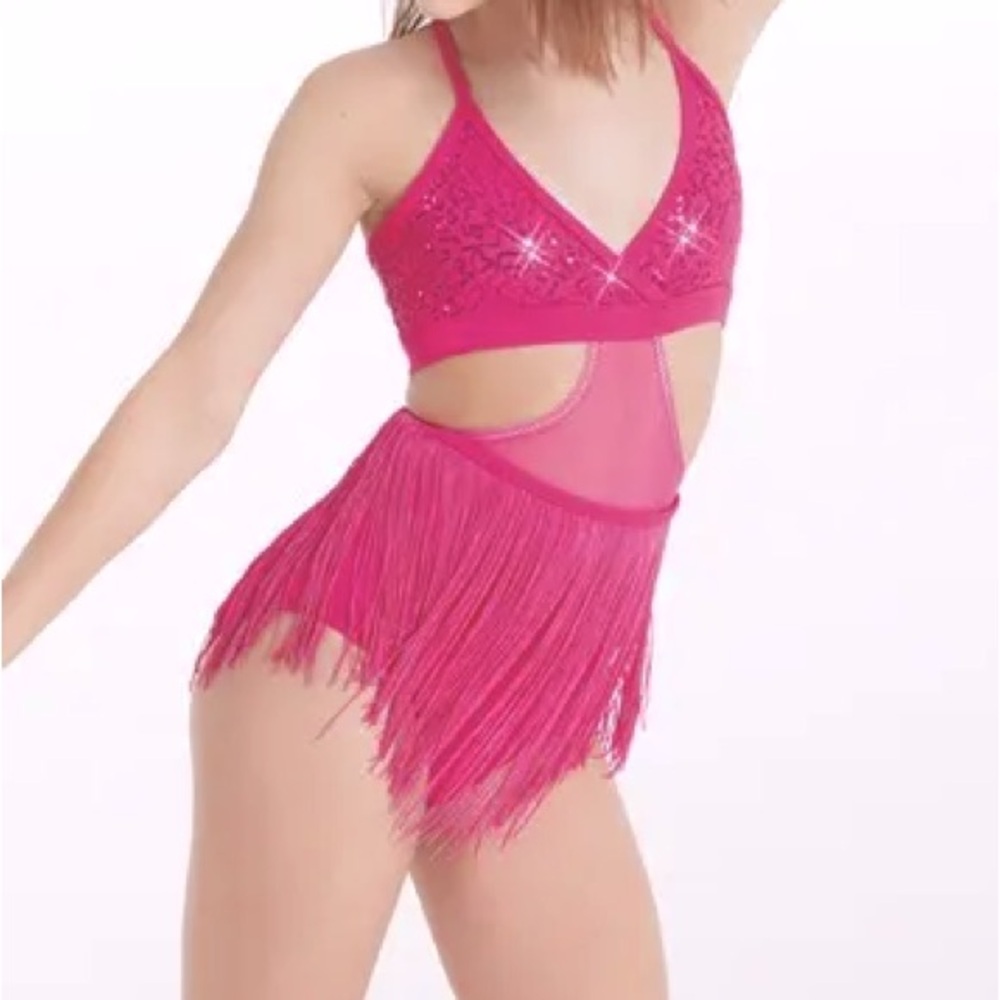 WEISSMAN elite Dance hot pink Costume SEQUIN AND FRINGE LEOTARD D10201 MA adult